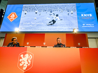 Netherlands trainer coach Ronald Koeman appears on the screen as attention is given in memory of Johan Neeskens during the training and pres...