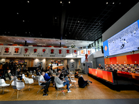 Netherlands trainer coach Ronald Koeman appears on the screen as attention is given in memory of Johan Neeskens during the training and pres...