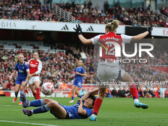 Honoka Hayashi of Everton clears the ball during the Barclays FA Women's Super League match between Arsenal and Everton at the Emirates Stad...