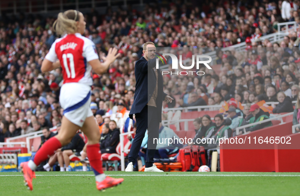 Arsenal's Manager Jonas Eidevall is present during the Barclays FA Women's Super League match between Arsenal and Everton at the Emirates St...