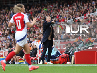 Arsenal's Manager Jonas Eidevall is present during the Barclays FA Women's Super League match between Arsenal and Everton at the Emirates St...