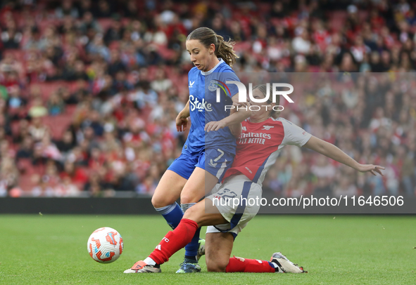 Kyra Cooney Cross of Arsenal tackles Clare Wheeler of Everton during the Barclays FA Women's Super League match between Arsenal and Everton...