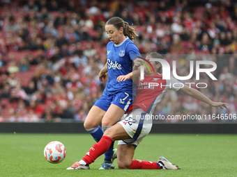 Kyra Cooney Cross of Arsenal tackles Clare Wheeler of Everton during the Barclays FA Women's Super League match between Arsenal and Everton...