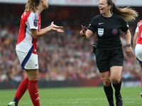 Laia Codina of Arsenal argues with the referee Stacey Pearson during the Barclays FA Women's Super League match between Arsenal and Everton...