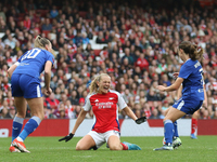 Frida Maanum of Arsenal goes down after pulling her groin during the Barclays FA Women's Super League match between Arsenal and Everton at t...