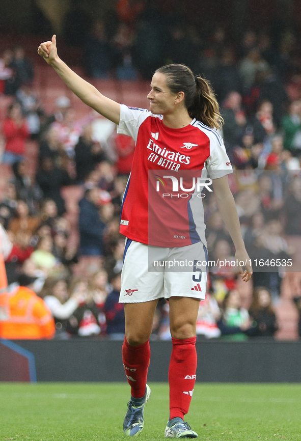 Laia Codina of Arsenal thanks the fans after the Barclays FA Women's Super League match between Arsenal and Everton at the Emirates Stadium...