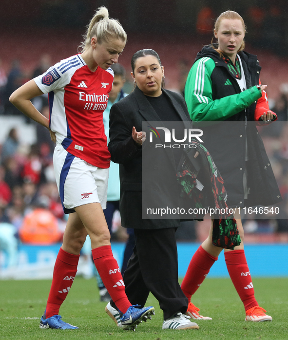 Lucy Williamson is with the communications manager after the Barclays FA Women's Super League match between Arsenal and Everton at the Emira...