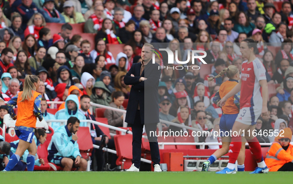 Jonas Eidevall is the Arsenal Manager during the Barclays FA Women's Super League match between Arsenal and Everton at the Emirates Stadium...