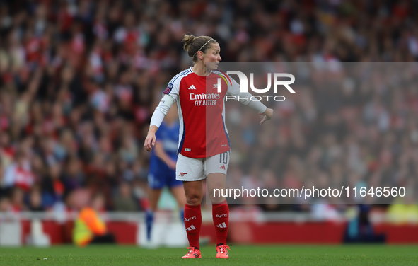 Arsenal Captain Kim Little participates in the Barclays FA Women's Super League match between Arsenal and Everton at the Emirates Stadium in...