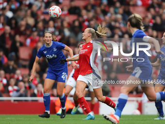 Arsenal's Frida Maanum keeps her eyes on the ball during the Barclays FA Women's Super League match between Arsenal and Everton at the Emira...