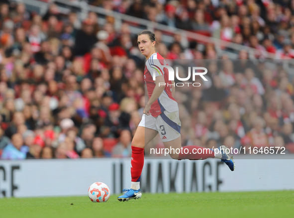 Arsenal's Lotte Wubben Moy participates in the Barclays FA Women's Super League match between Arsenal and Everton at the Emirates Stadium in...