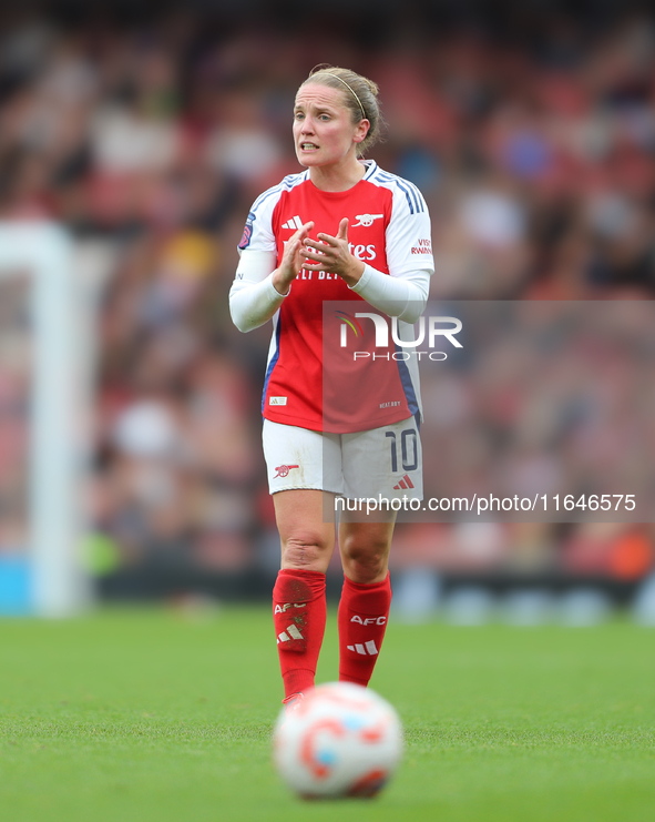 Kim Little, the Arsenal captain, keeps the team spirit going during the Barclays FA Women's Super League match between Arsenal and Everton a...