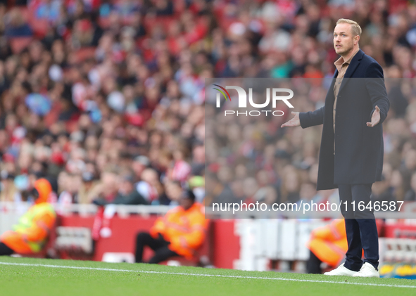 Arsenal Manager Jonas Eidevall is present during the Barclays FA Women's Super League match between Arsenal and Everton at the Emirates Stad...