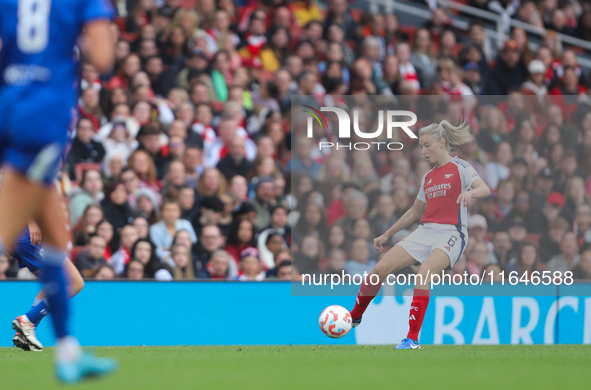 Leah Williamson of Arsenal participates in the Barclays FA Women's Super League match between Arsenal and Everton at the Emirates Stadium in...