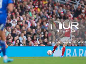 Leah Williamson of Arsenal participates in the Barclays FA Women's Super League match between Arsenal and Everton at the Emirates Stadium in...