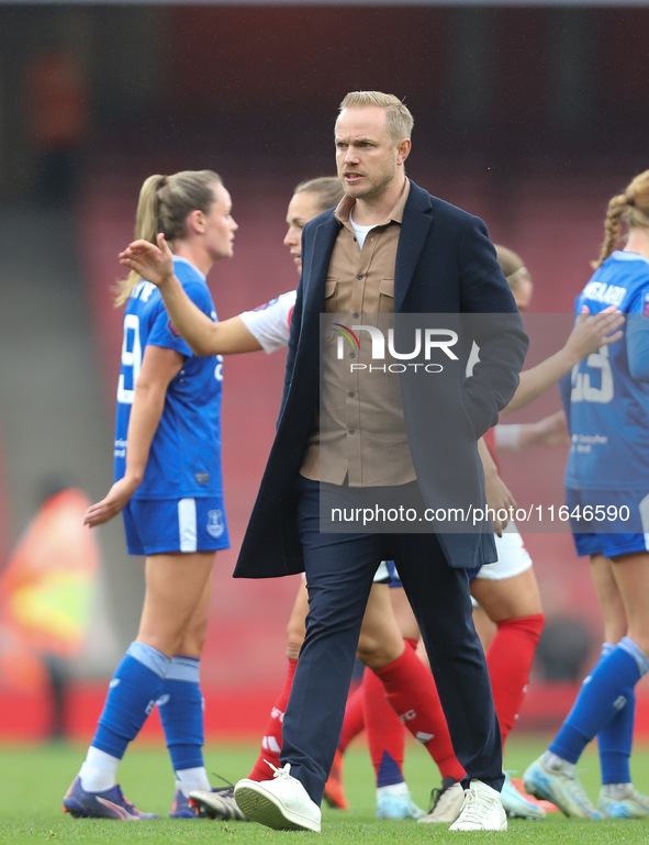 Jonas Eidevall is present after the Barclays FA Women's Super League match between Arsenal and Everton at the Emirates Stadium in London, En...