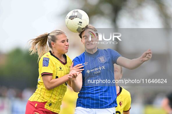 Megan Wearing from Ipswich, age 20, is challenged by Jessie Gale from Watford, age 24, during the FA Women's Premier League Premier Division...