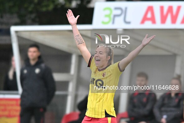 Gemma Davison (7 Watford) gestures during the FA Women's Premier League Premier Division between Ipswich Town Women and Watford Women at Del...