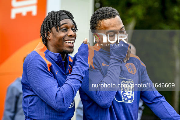 Netherlands players Jeremie Frimpong and Quinten Timber participate in the training and press conference for the Netherlands Nations League...