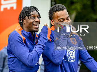 Netherlands players Jeremie Frimpong and Quinten Timber participate in the training and press conference for the Netherlands Nations League...