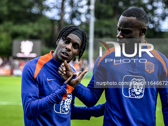 Netherlands players Jeremie Frimpong and Lutsharel Geertruida participate in the training and press conference for the Netherlands Nations L...