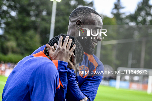 Netherlands players Jeremie Frimpong and Lutsharel Geertruida participate in the training and press conference for the Netherlands Nations L...