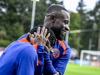 Netherlands players Jeremie Frimpong and Lutsharel Geertruida participate in the training and press conference for the Netherlands Nations L...