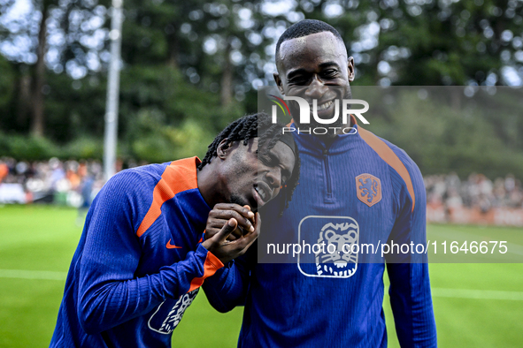 Netherlands players Jeremie Frimpong and Lutsharel Geertruida participate in the training and press conference for the Netherlands Nations L...