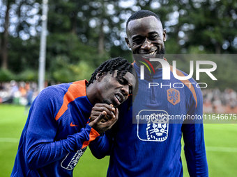 Netherlands players Jeremie Frimpong and Lutsharel Geertruida participate in the training and press conference for the Netherlands Nations L...