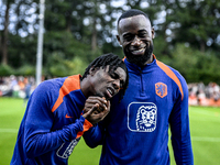 Netherlands players Jeremie Frimpong and Lutsharel Geertruida participate in the training and press conference for the Netherlands Nations L...