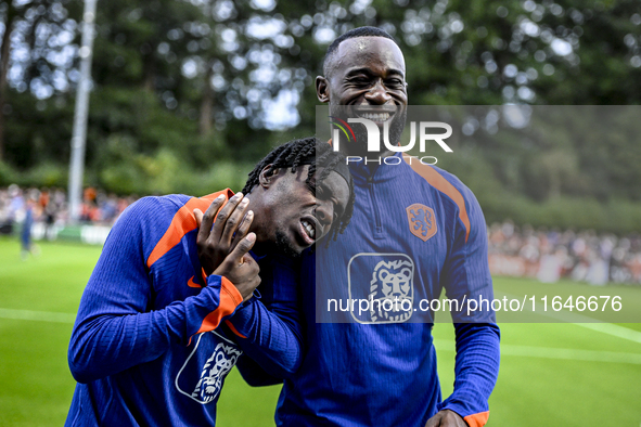 Netherlands players Jeremie Frimpong and Lutsharel Geertruida participate in the training and press conference for the Netherlands Nations L...