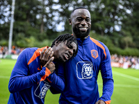 Netherlands players Jeremie Frimpong and Lutsharel Geertruida participate in the training and press conference for the Netherlands Nations L...