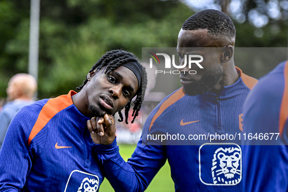 Netherlands players Jeremie Frimpong and Lutsharel Geertruida participate in the training and press conference for the Netherlands Nations L...