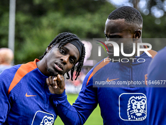 Netherlands players Jeremie Frimpong and Lutsharel Geertruida participate in the training and press conference for the Netherlands Nations L...