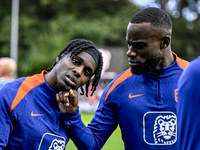 Netherlands players Jeremie Frimpong and Lutsharel Geertruida participate in the training and press conference for the Netherlands Nations L...