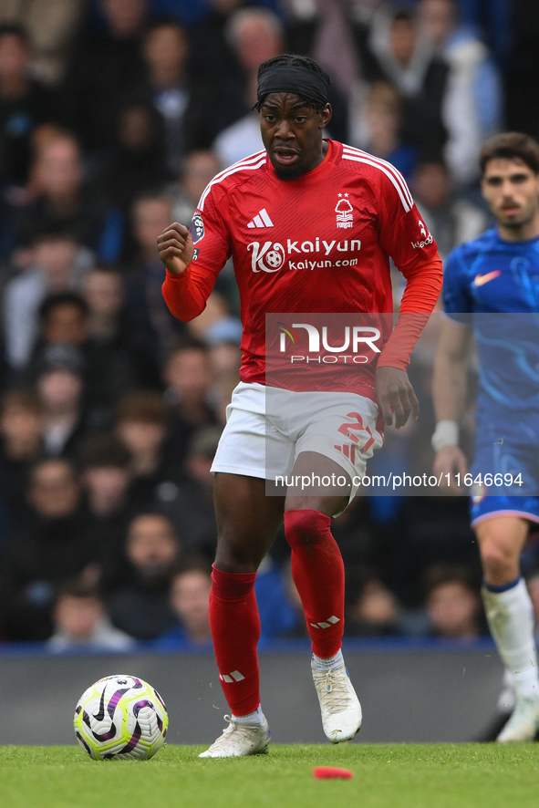 Anthony Elanga of Nottingham Forest participates in the Premier League match between Chelsea and Nottingham Forest at Stamford Bridge in Lon...