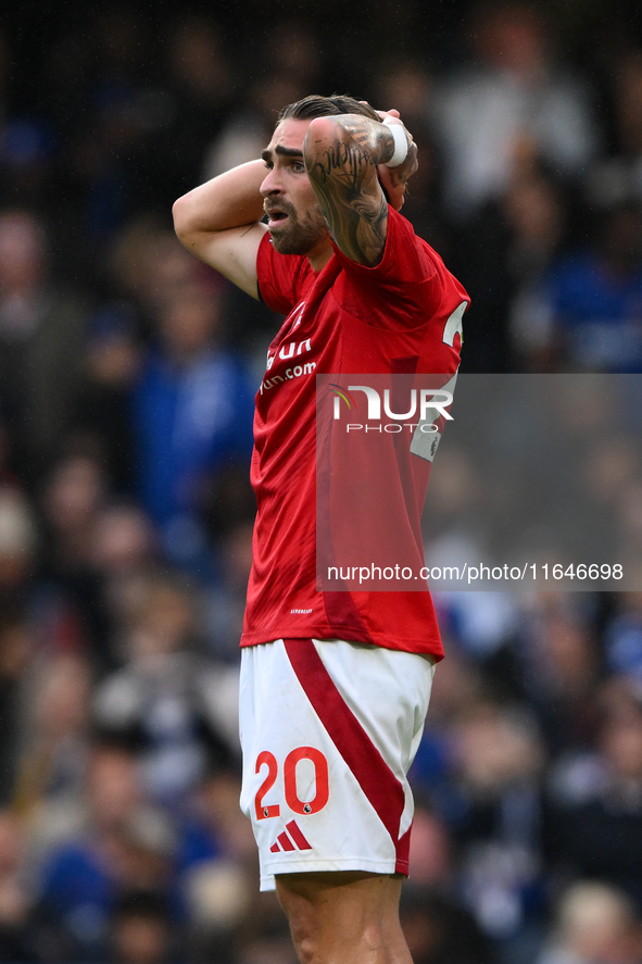 Jota Silva of Nottingham Forest reacts after a missed opportunity at goal during the Premier League match between Chelsea and Nottingham For...