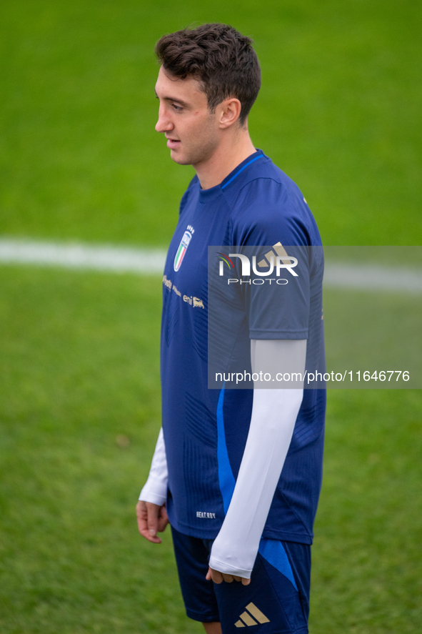 Andrea Cambiaso of Juventus attends the Italy training camp session in Coverciano, Florence, on October 7, 2024. 