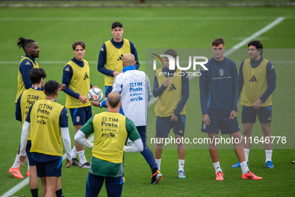 Players of Italy attend the training camp session in Coverciano, Florence, on October 7, 2024 