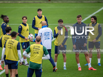 Players of Italy attend the training camp session in Coverciano, Florence, on October 7, 2024 (