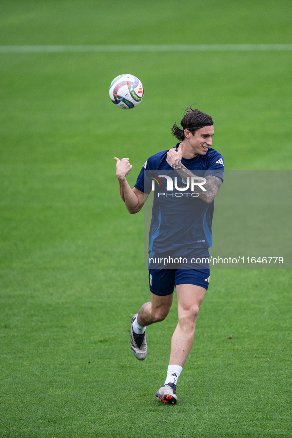 Riccardo Calafiori of Arsenal attends the Italy training camp session in Coverciano, Florence, on October 7, 2024. 