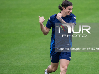 Riccardo Calafiori of Arsenal attends the Italy training camp session in Coverciano, Florence, on October 7, 2024. (