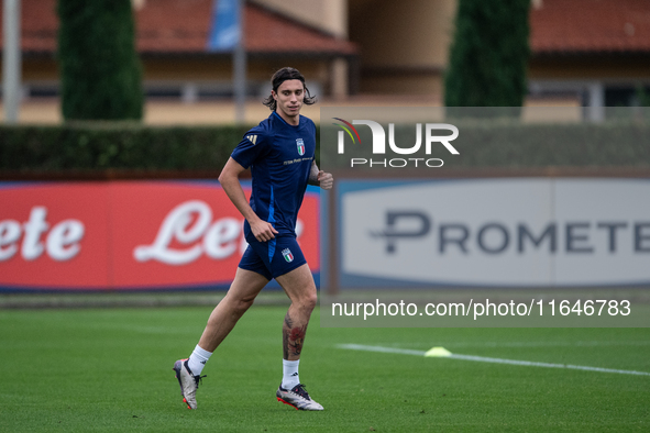 Riccardo Calafiori of Arsenal attends the Italy training camp session in Coverciano, Florence, on October 7, 2024. 