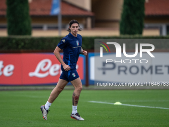 Riccardo Calafiori of Arsenal attends the Italy training camp session in Coverciano, Florence, on October 7, 2024. (