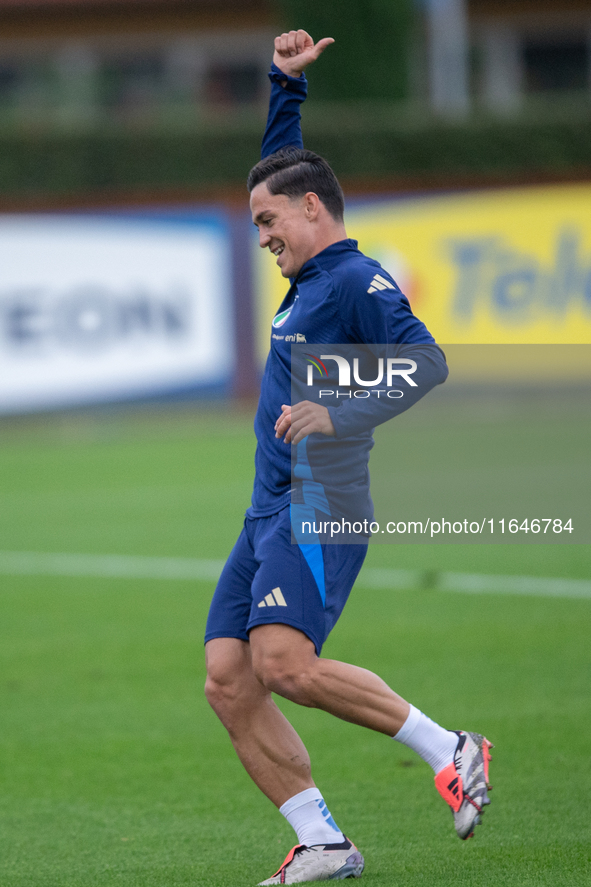 Giacomo Raspadori of SSC Napoli and Juventus attends the Italy training camp session in Coverciano, Florence, on October 7, 2024. 