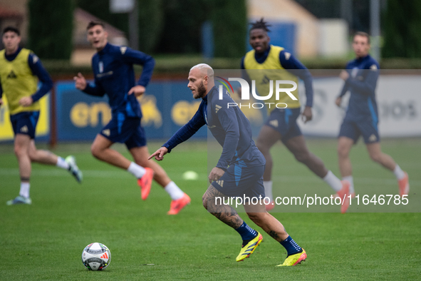 Federico Dimarco of Inter FC attends the Italy training camp session in Coverciano, Florence, on October 7, 2024. 