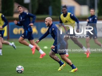 Federico Dimarco of Inter FC attends the Italy training camp session in Coverciano, Florence, on October 7, 2024. (