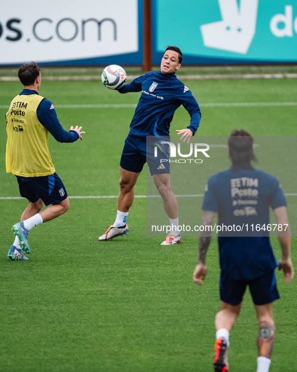 Giacomo Raspadori of SSC Napoli attends the Italy training camp session in Coverciano, Florence, on October 7, 2024. 