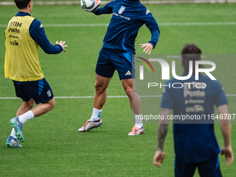 Giacomo Raspadori of SSC Napoli attends the Italy training camp session in Coverciano, Florence, on October 7, 2024. (