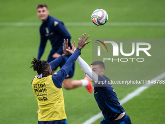 Caleb Okoli and Alessandro Buongiorno attend the Italy training camp session in Coverciano, Florence, on October 7, 2024. (